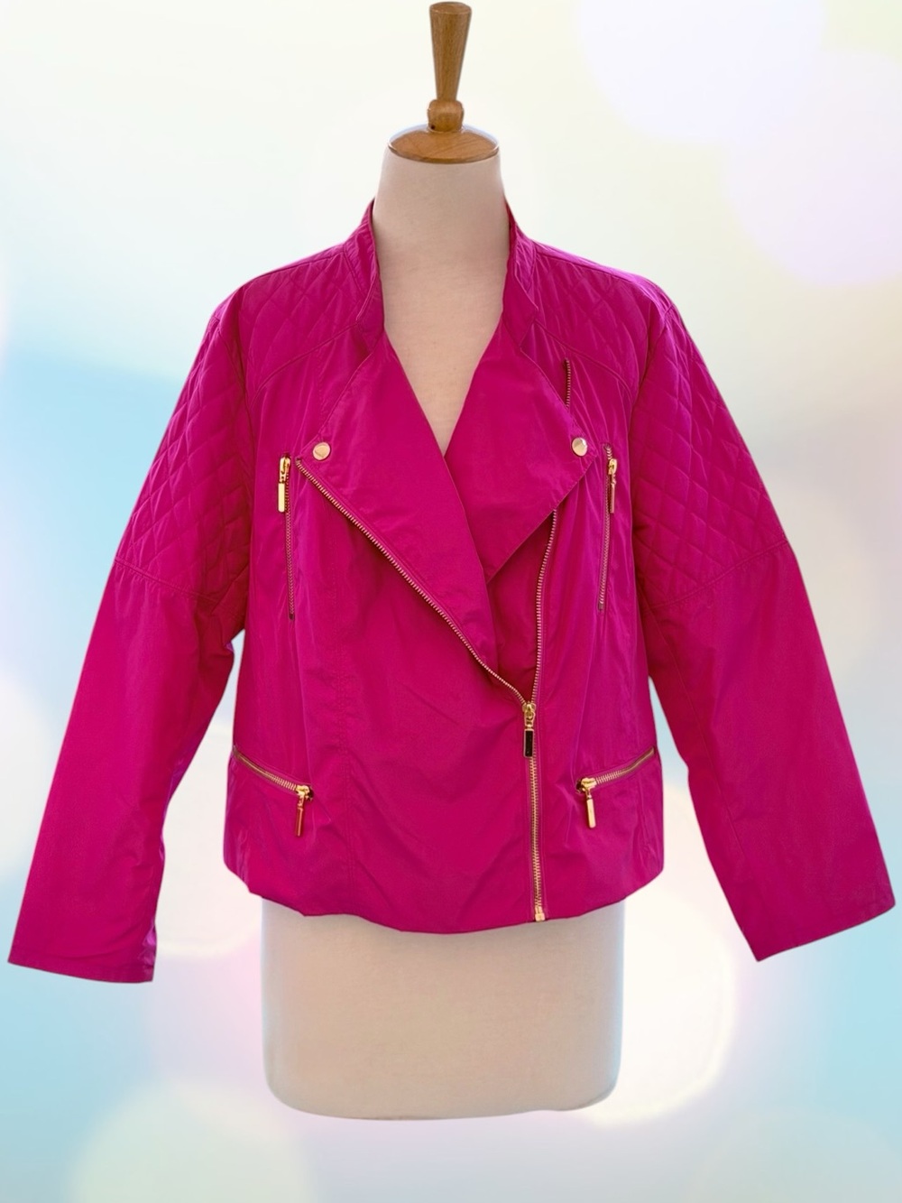 Ellen Tracy Fuchsia Pink Asymmetrical Mock Neck Bomber Moto Jacket XL